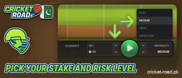 Select your stake amount and difficulty level in Cricket Road Pakistan